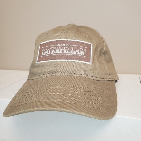 CAT Caterpillar Tan Hat Strap Back Cap Box Logo Casual Khaki Adjustable New - Picture 9 of 14